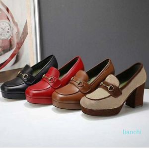 Classic high-heeled boat shoe Designer leather Printed letter Thick heel high heels 10cm cowhide Metal Button women Square Dress shoes