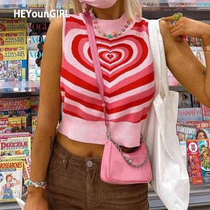 Heyoungirl Heartノースリーブニットクロップトップセーターベスト夏ピンクカジュアル90 Sプルオーバーニットファッションストリートウェア211109