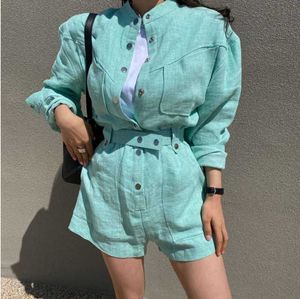 Fashion style long sleeve Cotton shorts lady playsuits european fashion casual frock rompers with sashes 210531