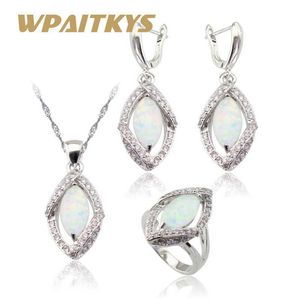 Marquise Fire White Opal Silver Color Jewelry Sets For Women Wedding Necklace Pendant Drop Earrings Rings Christmas Gift Box H1022