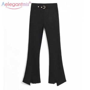 Aelegantmis Vintage Yüksek Bel Boy Rahat Flare Pantolon Siyah Ayak Bileği Uzunluğu Split Gevşek Pantolon Kore Darbe Boyutu 5XL 210607