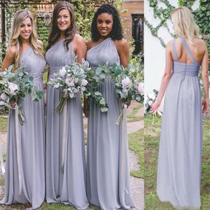 2021 Nya Enkla Chiffon Bridesmaid Klänningar En axelplattor Lång En linje Bröllop Gästklänning Billiga Plus Storlek Land Maid of Honor Gowns