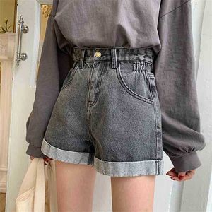 Mulheres Vintage Streetwear Largo Perna Denim Shorts Verão Casual Cintura Cintura Calças de Jeans Botão Mosca Baggy 210525