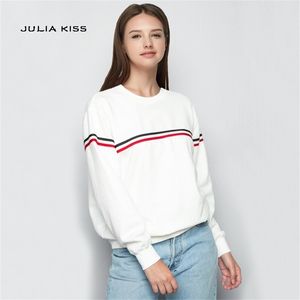 Höst Mode Kvinnor Crew Neck Varsity Striped Sweatshirts Casual Långärmad Bomull Sweatshirt Pullovers Tops 210512