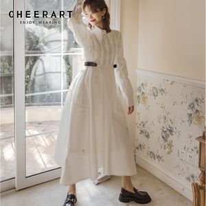 White Long Swing Dress Women Sleeve A Line Midi Shirt Layer Vintage Autumn Winter 210427