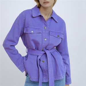 BLSQR Casual Denim Purple Jacket Fashion Pocket Långärmad jacka Street singelbröst höst Kvinnors kappa med bälte 210430