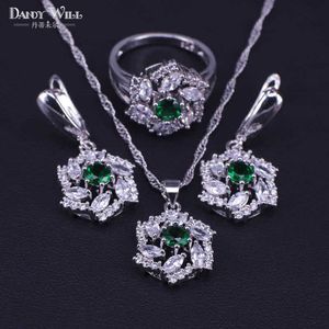 Brud smycken set silver färg set grön sten vit cubic zircon kvinnors örhängen / hänge / örhängen / ringar set h1022