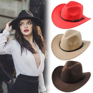 Ampla Brim Chapéus Mulheres Lady Retro Floppy Panamá Chapéu De Couro Fivela Fedora Fedora Unisex Western Cowboy Woolen Casal Tampão