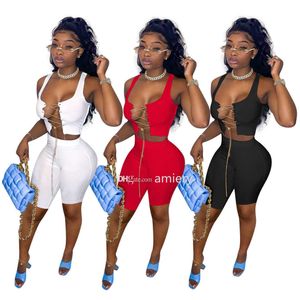 Women Two Piece Pants Set Tracksuit Summer Outfits Designer Fashion Solid Color Sexy Metal Chain Sleeveless Vest Shorts Slim