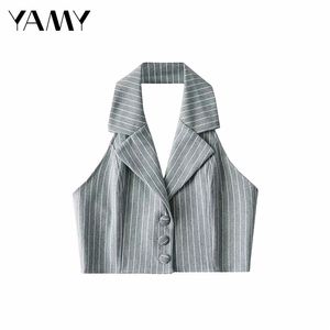 Summer Latest French Retro Striped Lapel Short Vest Female Sleeveless Sexy Backless Slim Short Top Single Breasted Suit Vest 210910