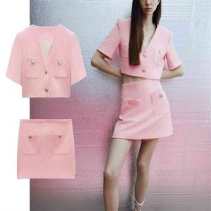 Pink Summer Cropped Blazer Women Short Sleeve V Neck Office Lady Blazers Coat Feminine Fashion Single Breasted Outerwear 210524
