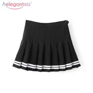 AELEGANTMIS Słodka plisowana spódnica Kobiety Preppy Styl Mini High Waist Girls Vintage Black White Cute School Uniform S 210607