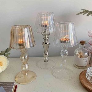 Retro Table Lamp Shape Stripe Glass Candle Holder Romantic Home Decoration Ornaments Ins Style Cafe Personality Candlestick 210824