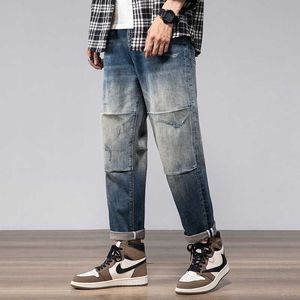 Japanese Vintage Fashion Men Jeans Retro Blue Loose Straight Fit Casual Denim Harem Pants Elastic Designer Hip Hop 4LQN