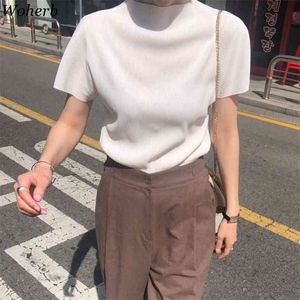 Koreanska Solid Kvinnor Tunika T-shirts Sommar Kortärmad O-Neck Pullovers Tees Elegant Fashion Ladies T-shirts 210519