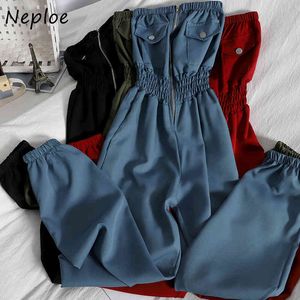 Neploe Sexy Slash Neck Strapless Shoulder Jumpsuits Women High Waist Hip Wide Leg Bodysuit Solid Spring Loose Playsuit 210510