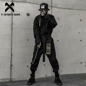 11 BYBBs Dark Hip Hop Jumpsuit Men Ribbon Broderade Långärmad Romper Zippers Cargo Overaller Streetwear Techwear Jumpsuits 210715