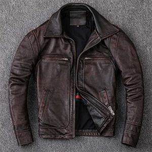 Erkekler Inek Derisi Ceket erkek Hakiki Deri Ceket Vintage Stil Adam Deri Giysileri Motosiklet Biker Ceketler 211008