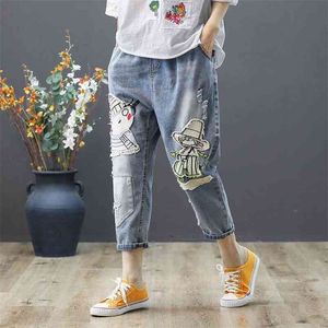 Wiosenne damskie Jeans Plus Rozmiar Vintage Haft Patchwork Długość łydki Spodnie Elastyczne Talia Loose Casual Denim Harem D114 210512