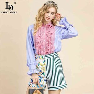 Sommer Fashion Runway Zweiteilige Shorts Sets Frauen Rüschen Bluse + Elegante Streifen Blumen Druck Anzüge 210522