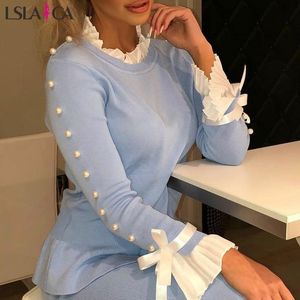 Frauen Langarmhemden Bowknot geknöpfte Glocke Manschette Bluse Frauen Blusen lässig elegant stricken wilde Büro Spleißen Blusen Frauen 210317