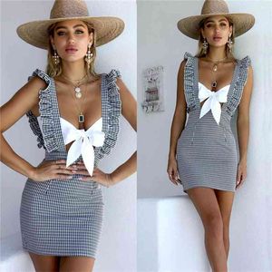 Women Dress Plaid Print Formal Summer Casual Ruffles Bodycon Evening Party Suspender Pencil Mini Backless Cocktail Clubwear 210522