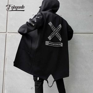 FOJAGANTO Autumn Men's Trench Hooded Jacket Hip Hop Big X Printed Mid Length Windbreaker Harajuku Streetwear Trench Coat Male 211011