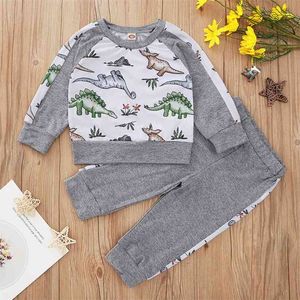 Zima Dzieci Ustawia Casual Długim Rękawem Dinozaur T-shirt Patchwork Spodnie 2 sztuk Chłopcy Odzież 6m-4T 210629