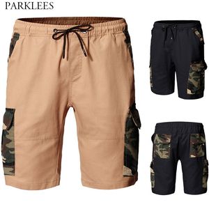 Camouflage Patchwork Summer Mens Cargo Shorts Tether belt Casual Loose Men Tactical Short Pants with Big Poacket Male Shorts 210524