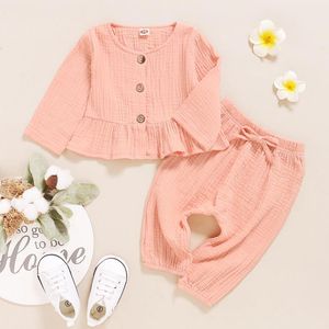 Conjuntos de roupas Nascidos Roupas Bebê Meninas Outono Inverno Botão Sólido Linho O-pescoço Pullover Tops + Calças de Lacagem para Kid