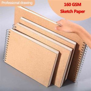 A4 / 8K / A5 / 16K Khaki Sketchbook Spiral Notebook Inner Blank 160gsm Kraft Pappersskydd Skola Tillbehör Penna Ritning Notepad 210611