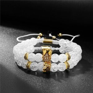 Bransoletki uroku 8 mm białe kamienne koraliki bransoletka 2pcs/set męska biżuteria cZ korona dla kobiet mody mankiet mankiet Aarrival