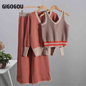 Gigogou Spring Women's Strikked TrackSuit 3 Pieces Set Långärmad Kvinnor Cardigan Tröja + Stickad Tank Top + Wide Leg Pant Passits 210805