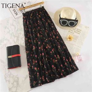 Tigena花柄プリントロングマキシスカート女性のファッション夏のハイウエストプリーツ女性自由州の休日シフォンSun 210621