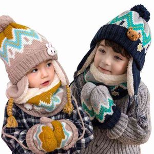 Vinter barn varma tjocka tjejer hatt halsduk handske 3pcs set stickade baby barn pojke mössor keps halsvärmare handskar för pojkar