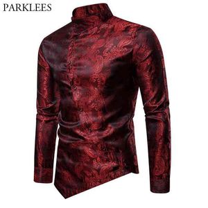 Şarap Kırmızı Paisley Jacquard Smokin Gömlek Erkekler Şık Düzensiz Hem Tasarım Slim Fit Elbise Gömlek Erkek Düğün Parti Chemise Homme 210522