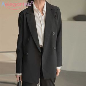 AELEGANTMIS Eleganckie klasyczne biuro Lady czarny Blazer Kobiety Spring Button Chic Casual Ol Kobieta Solid Jacket Suit 210607