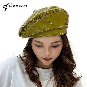 Fibonacci Fashion Hat Quality PU Beret s For Women Patent Leather Berets Four Panels Female Cap Green French Painter 210429