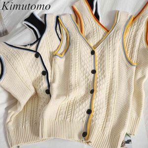 Kimutomo Color Dopasowanie paski Tank Tops Kobiety V-Neck Bez Rękawów Wiosna Summer Korean Breasted Twist Knit Moda 210521