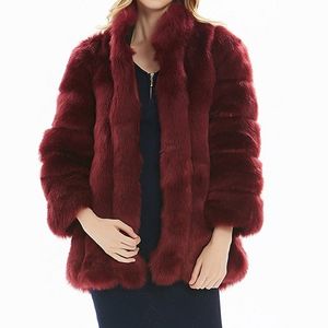 Cappotto da donna cucito in pelliccia affollata in lapel nero di tendenza stradale artificiale rosso 211207