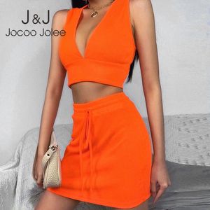 Jocoo Jole Kvinnor Sommar Sexig Två Piece Set Solid Suit Deep V Neck Vest Top och High Waist Elastic Mini Skirt Party Club 210518