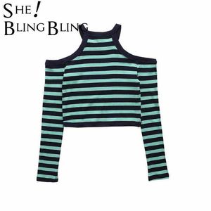 Shelatsbling Za kobieta 2021 Casual Crop Tops Jesień Z Długim Rękawem Chude Off Ramię Tees Slim Blue Striped Samice Traf Koszulki Y0825