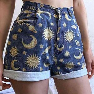 Kvinnors Denim Shorts Fit Planet Printed Mönster Kvinnor Pant Skola Lös Streewear Sun Star Dames Jeans 210714