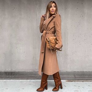 Woolen Frau Mäntel Herbst Winter Mit Gürtel Warme Lange Strickjacke Solide Umlegekragen Große Größe Ausgestattet Elegante Damen Mantel 211118