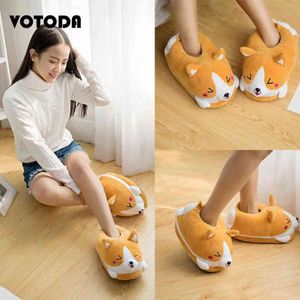 Home Slides Female Winter Plush Corgi Slippers Warm Women Floor Indoor Shoes Cute Funny Adult Slippers Flat Non-slip Flip Flops H1115