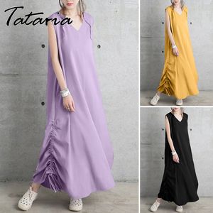 Bomullstank Klänning Kvinnors sommar Solid Vintage Soft Beach Maxi es för Kvinnor Sommar V-Neck Loose Baggy Draw String 210514