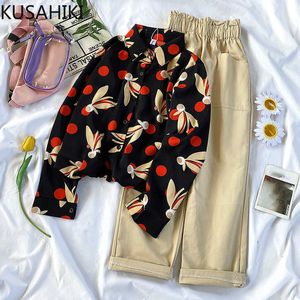 Sets Womens Two Pieces Outfits Floral Long Sleeve Causal Blouse Shirt + Stretch High Waist Pants Suits 6F445 210603