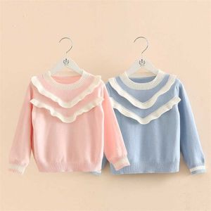 Autumn Spring 2 3 4 6 8 9 10 Years Children'S O-Neck Ruffles Patchwork Knitted Pullover Cotton Sweater For Kids Baby Girls 211201