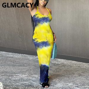 Women Spaghetti Strap Tie Dye Printed Multi Color Maxi Dress 210702