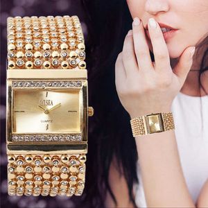 Geschockte Quarzkristalle großhandel-Kristall Luxus Frauen Armreif Uhr Stoßfest Edelstahl Armband Uhren Top Marke Luxus Weibliche Quarz Armbanduhr H1012